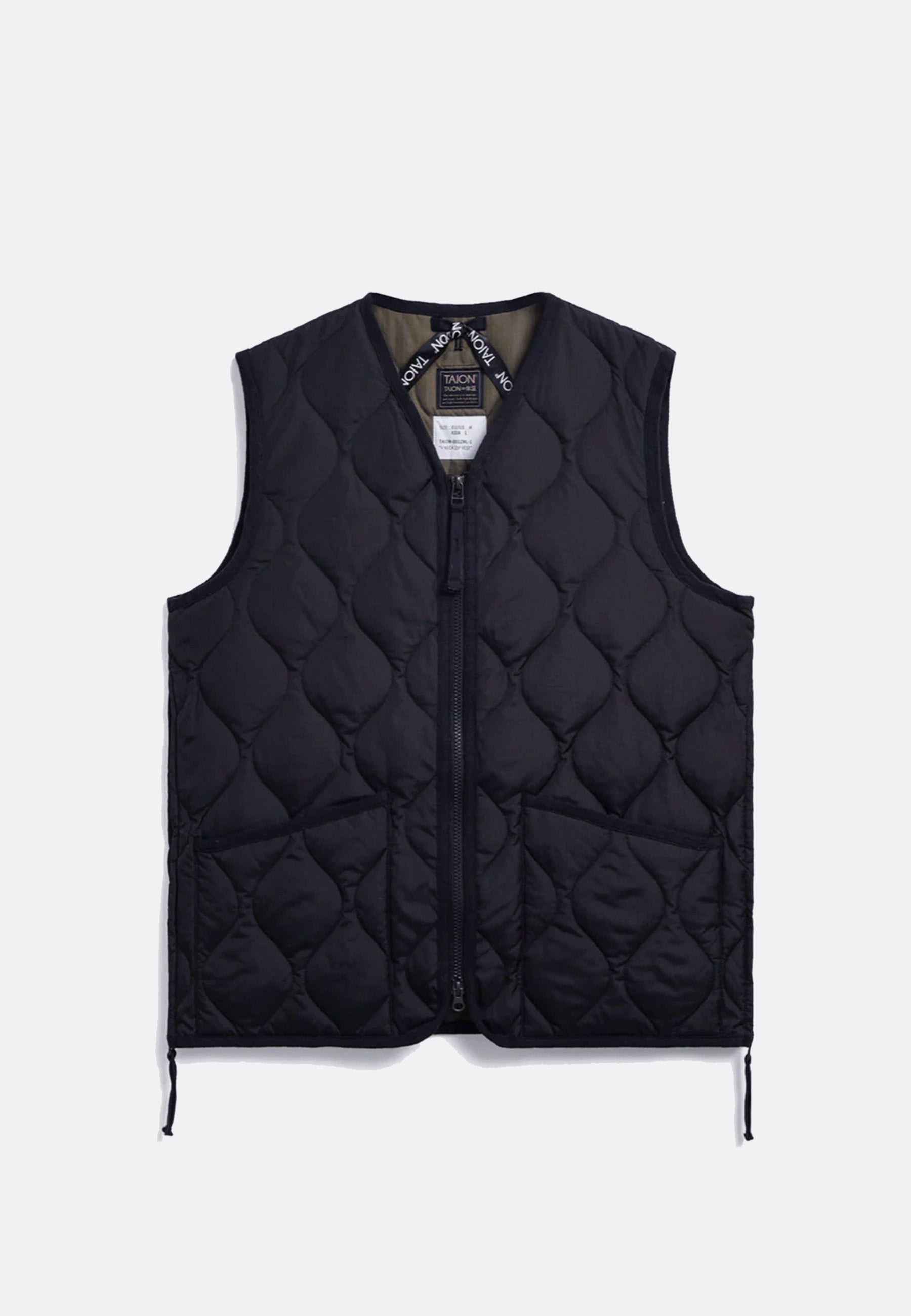 Military Zip V Neck Down Vest - Black